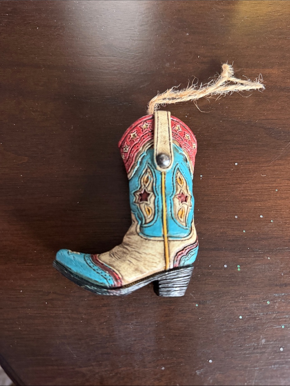 Turquoise and Red Cowboy Boot Ornament with Twine Loop
